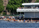 Crowd cheers from the boathouse